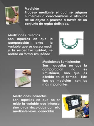 Mediciones Directas
Son aquellas en que la
comparación entre la
variable que se desea medir
y la respectiva unidad, se
realiza en forma simultánea
Mediciones Semidirectas
Son aquellas en que la
comparación no es
simultánea, sino que es
diferida en el tiempo. Este
tipo de medición son las
más importantes.
Mediciones Indirectas
Son aquellas en que no se
mide la variable que interesa,
sino otras vinculadas con ella
mediante leyes conocidas.
Medición
Proceso mediante el cual se asignan
numerales a características o atributos
de un objeto o proceso a través de un
conjunto de reglas definidas.
 