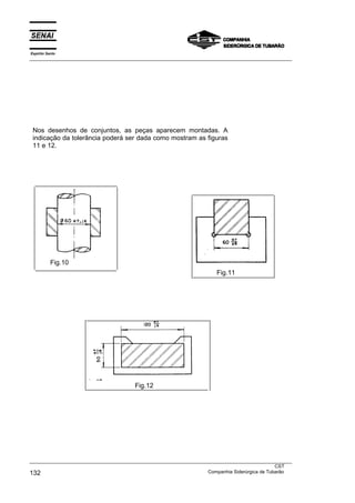 Nos desenhos de conjuntos, as peças aparecem montadas. A
indicação da tolerância poderá ser dada como mostram as figuras
11 e 12.
Fig.10
Fig.11
Fig.12
Espírito Santo
___________________________________________________________________________________________________
___________________________________________________________________________________________________
CST
132 Companhia Siderúrgica de Tubarão
 