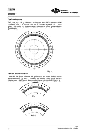 Espírito Santo
___________________________________________________________________________________________________
___________________________________________________________________________________________________
CST
90 Companhia Siderúrgica de Tubarão
Divisão Angular
Em todo tipo de goniômetro, o ângulo reto (90º) apresenta 90
divisões. Daí concluímos que cada divisão equivale a 1º (um
grau). Na figura 10, observamos a divisão do disco graduado do
goniômetro.
Fig.10
Leitura do Goniômetro
Lêem-se os graus inteiros na graduação do disco com o traço
zero do nônio (fig.11). O sentido da leitura tanto pode ser da
direita para a esquerda, como da esquerda para a direita (fig.12).
Fig.11
Fig.12
 
