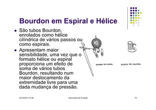 Bourdon em Espiral e Hélice
São tubos Bourdon,
enrolados como hélice
cilíndrica de vários passos ou
como espirais.
Apresentam maior
sensibilidade, uma vez que o
formato hélice ou espiral
proporciona um efeito de
soma de vários tubos
Bourdon, resultando num
maior deslocamento da
extremidade livre para uma
dada mudança de pressão.
22/10/2013 10:38

Instrumetos de Pressão

19

 