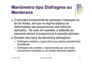 Manômetro tipo Diafragma ou
Membrana
O princípio fundamental de operação é baseado na
lei de Hooke, em que no regime elástico as
deformações são proporcionais aos esforços
aplicados. No caso em questão, a deflexão do
elemento sensor é proporcional à pressão aplicada.
Existem dois tipos de elementos diafragmas:
Diafragma metálico, o qual utiliza sua própria característica
de deflexão.
Diafragma não metálico, reposicionado por uma mola
previamente calibrada ou um similar elemento elástico.
22/10/2013 10:38

Instrumetos de Pressão

21

 