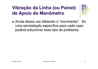 Vibração da Linha (ou Painel)
de Apoio do Manômetro
Ainda dessa vez afetando o “movimento”. Só
uma reinstalação específica para cada caso
poderá solucionar esse tipo de problema.

22/10/2013 10:38

Instrumetos de Pressão

31

 