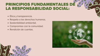 PRINCIPIOS FUNDAMENTALES DE
LA RESPONSABILIDAD SOCIAL:
Ética y transparencia.
Respeto a los derechos humanos.
Sostenibilidad ambiental.
Compromiso con la comunidad.
Rendición de cuentas.
 