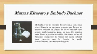 Matraz Kitasato y Embudo Buchner
El Buchner es un embudo de porcelana, tiene una
placa filtrante de agujeros grandes por lo que se
necesita colocar un papel de filtro circular, que
acople perfectamente, para su uso. Se emplea
para filtrar a presión reducida. Su uso va unido al
Kitasato, recipiente de vidrio con rama lateral
para conectar con la bomba de vacío
(normalmente, una trompa de agua).
 