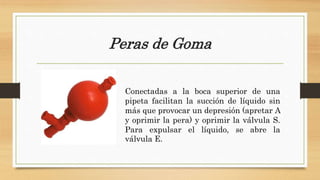 Peras de Goma
Conectadas a la boca superior de una
pipeta facilitan la succión de líquido sin
más que provocar un depresión (apretar A
y oprimir la pera) y oprimir la válvula S.
Para expulsar el líquido, se abre la
válvula E.
 