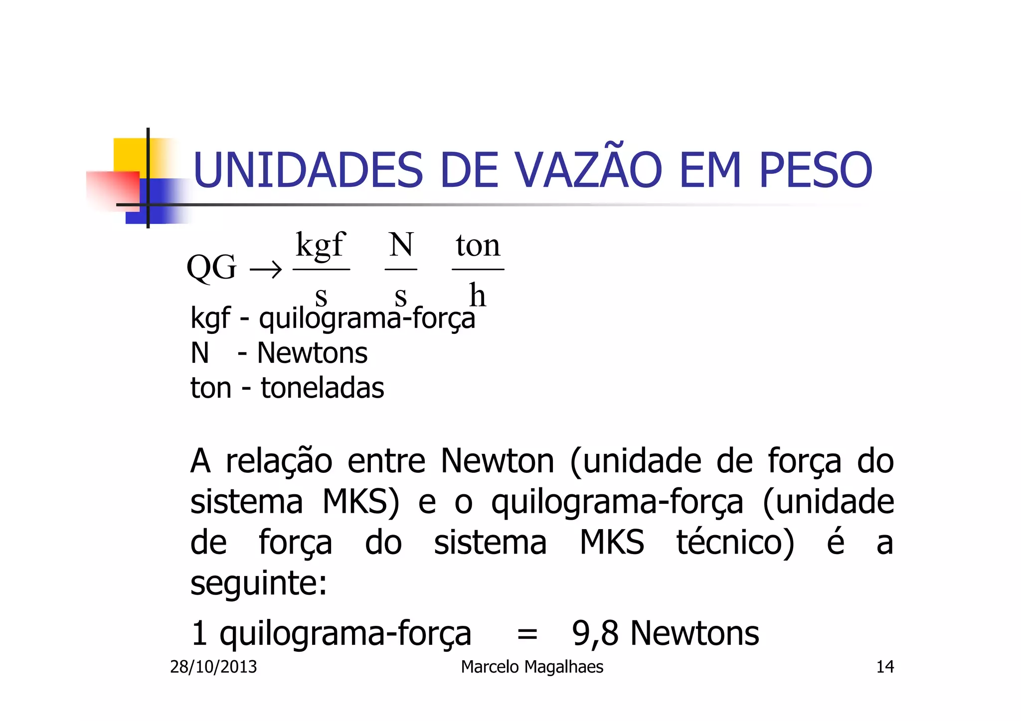 UNIDADES DE VAZÃO EM PESO
kgf
QG →
s

N
s

ton
h

kgf - quilograma-força
N - Newtons
ton - toneladas

A relação entre Newton (unidade de força do
sistema MKS) e o quilograma-força (unidade
de força do sistema MKS técnico) é a
seguinte:
1 quilograma-força = 9,8 Newtons
28/10/2013

Marcelo Magalhaes

14

 