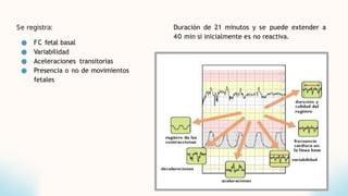Se registra:
● FC fetal basal
● Variabilidad
● Aceleraciones transitorias
● Presencia o no de movimientos
fetales
Duración de 21 minutos y se puede extender a
40 min si inicialmente es no reactiva.
 