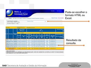 Pode-se escolher o
formato HTML ou
Excel.
Resultado da
consulta.
 