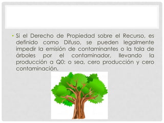 • Si el Derecho de Propiedad sobre el Recurso, es
  definido como Difuso, se pueden legalmente
  impedir la emisión de contaminantes o la tala de
  árboles por el contaminador, llevando la
  producción a Q0: o sea, cero producción y cero
  contaminación.
 