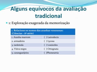 Alguns equívocos da avaliação
tradicional
 1: Exploração exagerada da memorização
1. Relacione os nomes das aranhas venenosas:
(Ciências – 6ª série)

1. Aranha marrom

( ) Latrodects

2. armadeira

( ) Lycosa

3. tarântula

( ) Loxóceles

4. Viúva negra

( ) Ortognata

5. carangueijeira

( )Phoneutria

 