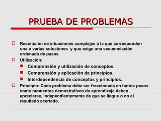 PRUEBA DE PROBLEMASPRUEBA DE PROBLEMAS
 Resolución de situaciones complejas a la que corresponden
una o varias soluciones y que exige una secuenciación
ordenada de pasos
 Utilización:
 Comprensión y utilización de conceptos.
 Comprensión y aplicación de principios.
 Interdependencia de conceptos y principios.
 Principio: Cada problema debe ser fraccionada en tantos pasos
como momentos demostrativos de aprendizaje deben
apreciarse, independientemente de que se llegue o no al
resultado acertado.
 