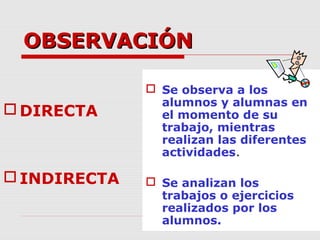 OBSERVACIÓNOBSERVACIÓN
 DIRECTA
 INDIRECTA
 Se observa a los
alumnos y alumnas en
el momento de su
trabajo, mientras
realizan las diferentes
actividades.
 Se analizan los
trabajos o ejercicios
realizados por los
alumnos.
 