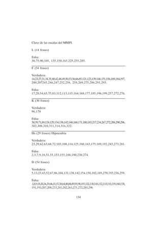 134
Clave de las escalas del MMPI.
L (14 frases)
Falsa:
30,75,90,105, 135,150,165,225,255,285.
____________________________________________________________________
F (54 frases)
Verdadera:
14,23,27,31,34,35,40,42,48,49,50,53,56,66,85,121,123,139,146,151,156,169,184,197,
200,207245,246,247,252,256, 258,269,275,286,291,293.
Falsa:
17,20,54,65,75,83,112,113,115,164,168,177,185,196,199,257,272,276.
____________________________________________________________________
K (30 frases)
Verdadera:
96,170
Falsa:
30,39,71,89,124,129,134,138,142,148,160,171,180,183,217,234,267,272,288,290,296,
302,308,310,311,314,316,322.
____________________________________________________________________
Hs (29 frases) Hipocodría
Verdadera:
23,29,62,63,68,72,103,108,114,125,160,163,175,189,192,243,273,281.
Falsa:
2,3,7,9,18,51,55,153,155,188,190,230,274.
D (54 frases)
Verdadera:
5,13,23,43,52,67,86,104,131,138,142,154,158,182,189,270,193,236,259.
Falsa:
2,8,9,18,30,36,39,46,51,57,58,64,80,88,89,95,98,107,122,130,145,152,153,155,159,160,178,
191,193,207,208,233,241,242,263,271,272,285,296
 