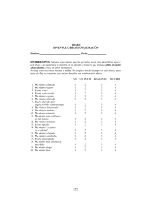 172
IDARE
IDARE
IDARE
IDARE
IDARE
INVENT
INVENT
INVENT
INVENT
INVENTARIO DE A
ARIO DE A
ARIO DE A
ARIO DE A
ARIO DE AUTO
UTO
UTO
UTO
UTOV
V
V
V
VALOR
ALOR
ALOR
ALOR
ALORA
A
A
A
ACIÓN
CIÓN
CIÓN
CIÓN
CIÓN
Nombre:__________________________________ F
Nombre:__________________________________ F
Nombre:__________________________________ F
Nombre:__________________________________ F
Nombre:__________________________________ Fecha:_______________
echa:_______________
echa:_______________
echa:_______________
echa:_______________
INSTRUCIONES:
INSTRUCIONES:
INSTRUCIONES:
INSTRUCIONES:
INSTRUCIONES: Algunas expresiones que las personas usan para describirse apare-
cen abajo. Lea cada frase y encierre en un círculo el número que indique cómo se siente
cómo se siente
cómo se siente
cómo se siente
cómo se siente
ahora mismo
ahora mismo
ahora mismo
ahora mismo
ahora mismo, o sea, en estos momentos.
No hay contestaciones buenas o malas. No emplee mucho tiempo en cada frase, pero
trate de dar la respuesta que mejor describa sus sentimientos ahora.
NO UN POCO BASTANTE MUCHO
1. Me siento calmado 1 2 3 4
2. Me siento seguro 1 2 3 4
3. Estoy tenso 1 2 3 4
4. Estoy contrariado 1 2 3 4
5. Me siento a gusto 1 2 3 4
6. Me siento alterado 1 2 3 4
7. Estoy alterado por
algún posible contratiempo 1 2 3 4
8. Me siento descansado 1 2 3 4
9. Me siento ansioso 1 2 3 4
10. Me siento cómodo 1 2 3 4
11. Me siento con confianza
en mí mismo 1 2 3 4
12. Me siento nervioso 1 2 3 4
13. Estoy agitado 1 2 3 4
14. Me siento “a punto
de explotar” 1 2 3 4
15. Me siento relajado 1 2 3 4
16. Me siento satisfecho 1 2 3 4
17. Estoy preocupado 1 2 3 4
18. Me siento muy excitado y
aturdido 1 2 3 4
19. Me siento alegre 1 2 3 4
20. Me siento bien 1 2 3 4
 
