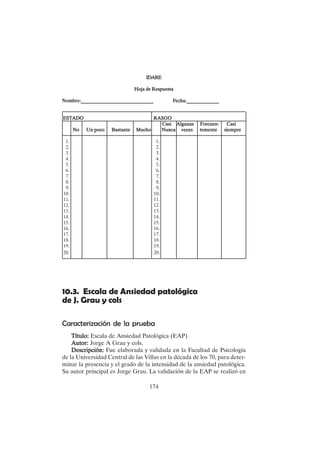 174
IDARE
IDARE
IDARE
IDARE
IDARE
Hoja de Respuesta
Hoja de Respuesta
Hoja de Respuesta
Hoja de Respuesta
Hoja de Respuesta
Nombre:_____________________________ F
Nombre:_____________________________ F
Nombre:_____________________________ F
Nombre:_____________________________ F
Nombre:_____________________________ Fecha:_____________
echa:_____________
echa:_____________
echa:_____________
echa:_____________
ESTADO
ESTADO
ESTADO
ESTADO
ESTADO RASGO
RASGO
RASGO
RASGO
RASGO
Casi Algunas Frecuen- Casi
Casi Algunas Frecuen- Casi
Casi Algunas Frecuen- Casi
Casi Algunas Frecuen- Casi
Casi Algunas Frecuen- Casi
No Un poco Bastante Mucho Nunca veces temente siempre
No Un poco Bastante Mucho Nunca veces temente siempre
No Un poco Bastante Mucho Nunca veces temente siempre
No Un poco Bastante Mucho Nunca veces temente siempre
No Un poco Bastante Mucho Nunca veces temente siempre
1. 1.
2. 2.
3. 3.
4. 4.
5. 5.
6. 6.
7. 7.
8. 8.
9. 9.
10. 10.
11. 11.
12. 12.
13. 13.
14. 14.
15. 15.
16. 16.
17. 17.
18. 18.
19. 19.
20. 20.
10.3. Escala de Ansiedad patológica
de J. Grau y cols
Caracterización de la prueba
Título:
Título:
Título:
Título:
Título: Escala de Ansiedad Patológica (EAP)
Autor:
Autor:
Autor:
Autor:
Autor: Jorge A Grau y cols.
Descripción:
Descripción:
Descripción:
Descripción:
Descripción: Fue elaborada y validada en la Facultad de Psicología
de la Universidad Central de las Villas en la década de los 70, para deter-
minar la presencia y el grado de la intensidad de la ansiedad patológica.
Su autor principal es Jorge Grau. La validación de la EAP se realizó en
 