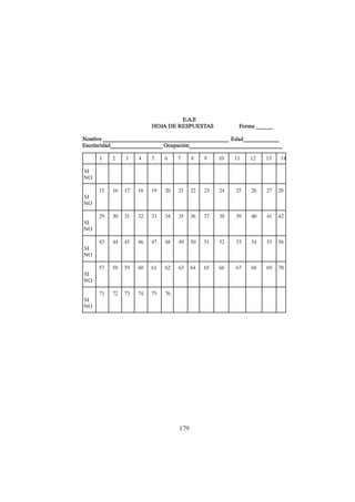 179
E.A.P
E.A.P
E.A.P
E.A.P
E.A.P.
.
.
.
.
HOJ
HOJ
HOJ
HOJ
HOJA DE RESPUEST
A DE RESPUEST
A DE RESPUEST
A DE RESPUEST
A DE RESPUESTA
A
A
A
AS F
S F
S F
S F
S Forma ______
orma ______
orma ______
orma ______
orma ______
Nombre ______________________________________________ Edad_____________
Nombre ______________________________________________ Edad_____________
Nombre ______________________________________________ Edad_____________
Nombre ______________________________________________ Edad_____________
Nombre ______________________________________________ Edad_____________
Escolaridad___________________ Ocupación__________________________________
Escolaridad___________________ Ocupación__________________________________
Escolaridad___________________ Ocupación__________________________________
Escolaridad___________________ Ocupación__________________________________
Escolaridad___________________ Ocupación__________________________________
1 2 3 4 5 6 7 8 9 10 11 12 13 14
SI
NO
15 16 17 18 19 20 21 22 23 24 25 26 27 28
SI
NO
29 30 31 32 33 34 35 36 37 38 39 40 41 42
SI
NO
43 44 45 46 47 48 49 50 51 52 53 54 55 56
SI
NO
57 58 59 60 61 62 63 64 65 66 67 68 69 70
SI
NO
71 72 73 74 75 76
SI
NO
 