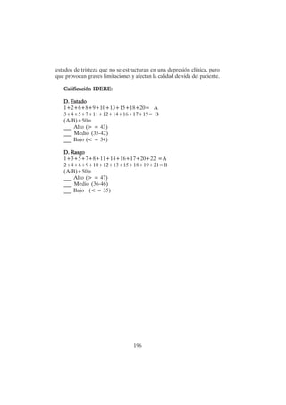 196
estados de tristeza que no se estructuran en una depresión clínica, pero
que provocan graves limitaciones y afectan la calidad de vida del paciente.
Calificación IDERE:
Calificación IDERE:
Calificación IDERE:
Calificación IDERE:
Calificación IDERE:
D. Estado
D. Estado
D. Estado
D. Estado
D. Estado
1+2+6+8+9+10+13+15+18+20= A
3+4+5+7+11+12+14+16+17+19= B
(A-B)+50=
___ Alto (> = 43)
___ Medio (35-42)
___ Bajo (< = 34)
D. R
D. R
D. R
D. R
D. Rasgo
asgo
asgo
asgo
asgo
1+3+5+7+8+11+14+16+17+20+22 =A
2+4+6+9+10+12+13+15+18+19+21=B
(A-B)+50=
___ Alto (> = 47)
___ Medio (36-46)
___ Bajo (< = 35)
 