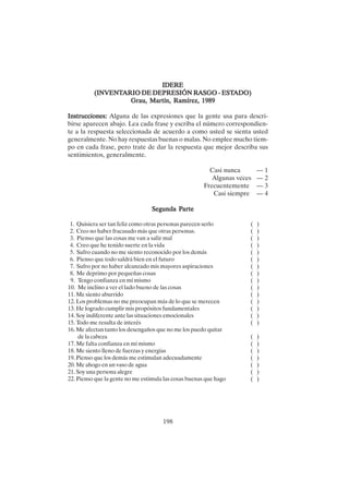 198
IDERE
IDERE
IDERE
IDERE
IDERE
(INVENT
(INVENT
(INVENT
(INVENT
(INVENTARIO DE DEPRESIÓN R
ARIO DE DEPRESIÓN R
ARIO DE DEPRESIÓN R
ARIO DE DEPRESIÓN R
ARIO DE DEPRESIÓN RA
A
A
A
ASGO - EST
SGO - EST
SGO - EST
SGO - EST
SGO - ESTADO)
ADO)
ADO)
ADO)
ADO)
Grau, Martín, Ramírez, 1989
Grau, Martín, Ramírez, 1989
Grau, Martín, Ramírez, 1989
Grau, Martín, Ramírez, 1989
Grau, Martín, Ramírez, 1989
Instrucciones:
Instrucciones:
Instrucciones:
Instrucciones:
Instrucciones: Alguna de las expresiones que la gente usa para descri-
birse aparecen abajo. Lea cada frase y escriba el número correspondien-
te a la respuesta seleccionada de acuerdo a como usted se sienta usted
generalmente. No hay respuestas buenas o malas. No emplee mucho tiem-
po en cada frase, pero trate de dar la respuesta que mejor describa sus
sentimientos, generalmente.
Casi nunca — 1
Algunas veces — 2
Frecuentemente — 3
Casi siempre — 4
Segunda P
Segunda P
Segunda P
Segunda P
Segunda Parte
arte
arte
arte
arte
1. Quisiera ser tan feliz como otras personas parecen serlo ( )
2. Creo no haber fracasado más que otras personas. ( )
3. Pienso que las cosas me van a salir mal ( )
4. Creo que he tenido suerte en la vida ( )
5. Sufro cuando no me siento reconocido por los demás ( )
6. Pienso que todo saldrá bien en el futuro ( )
7. Sufro por no haber alcanzado mis mayores aspiraciones ( )
8. Me deprimo por pequeñas cosas ( )
9. Tengo confianza en mí mismo ( )
10. Me inclino a ver el lado bueno de las cosas ( )
11. Me siento aburrido ( )
12. Los problemas no me preocupan más de lo que se merecen ( )
13. He logrado cumplir mis propósitos fundamentales ( )
14. Soy indiferente ante las situaciones emocionales ( )
15. Todo me resulta de interés ( )
16. Me afectan tanto los desengaños que no me los puedo quitar
de la cabeza ( )
17. Me falta confianza en mí mismo ( )
18. Me siento lleno de fuerzas y energías ( )
19. Pienso que los demás me estimulan adecuadamente ( )
20. Me ahogo en un vaso de agua ( )
21. Soy una persona alegre ( )
22. Pienso que la gente no me estimula las cosas buenas que hago ( )
 