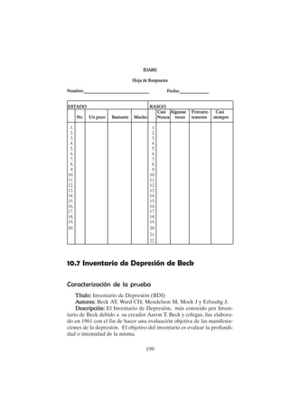 199
IDARE
IDARE
IDARE
IDARE
IDARE
Hoja de Respuesta
Hoja de Respuesta
Hoja de Respuesta
Hoja de Respuesta
Hoja de Respuesta
Nombre:_____________________________ F
Nombre:_____________________________ F
Nombre:_____________________________ F
Nombre:_____________________________ F
Nombre:_____________________________ Fecha:_____________
echa:_____________
echa:_____________
echa:_____________
echa:_____________
ESTADO
ESTADO
ESTADO
ESTADO
ESTADO RASGO
RASGO
RASGO
RASGO
RASGO
Casi Algunas Frecuen- Casi
Casi Algunas Frecuen- Casi
Casi Algunas Frecuen- Casi
Casi Algunas Frecuen- Casi
Casi Algunas Frecuen- Casi
No Un poco Bastante Mucho Nunca veces temente siempre
No Un poco Bastante Mucho Nunca veces temente siempre
No Un poco Bastante Mucho Nunca veces temente siempre
No Un poco Bastante Mucho Nunca veces temente siempre
No Un poco Bastante Mucho Nunca veces temente siempre
1. 1.
2. 2.
3. 3.
4. 4.
5. 5.
6. 6.
7. 7.
8. 8.
9. 9.
10. 10.
11. 11.
12. 12.
13. 13.
14. 14.
15. 15.
16. 16.
17. 17.
18. 18.
19. 19.
20. 20.
21.
22.
10.7 Inventario de Depresión de Beck
Caracterización de la prueba
Título:
Título:
Título:
Título:
Título: Inventario de Depresión (BDI)
A
A
A
A
Autores:
utores:
utores:
utores:
utores: Beck AT, Ward CH, Mendelson M, Mock J y Erbauhg J.
Descripción:
Descripción:
Descripción:
Descripción:
Descripción: El Inventario de Depresión, más conocido por Inven-
tario de Beck debido a su creador Aaron T. Beck y colegas, fue elabora-
do en 1961 con el fin de hacer una evaluación objetiva de las manifesta-
ciones de la depresión. El objetivo del inventario es evaluar la profundi-
dad o intensidad de la misma.
 