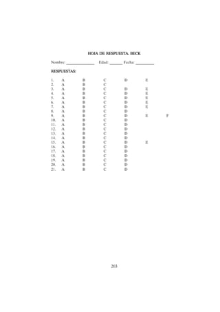 203
HOJA DE RESPUESTA. BECK
HOJA DE RESPUESTA. BECK
HOJA DE RESPUESTA. BECK
HOJA DE RESPUESTA. BECK
HOJA DE RESPUESTA. BECK
Nombre: _______________ Edad: _______ Fecha: __________
RESPUESTAS:
RESPUESTAS:
RESPUESTAS:
RESPUESTAS:
RESPUESTAS:
1. A B C D E
2. A B C
3. A B C D E
4. A B C D E
5. A B C D E
6. A B C D E
7. A B C D E
8. A B C D
9. A B C D E F
10. A B C D
11. A B C D
12. A B C D
13. A B C D
14. A B C D
15. A B C D E
16. A B C D
17. A B C D
18. A B C D
19. A B C D
20. A B C D
21. A B C D
 