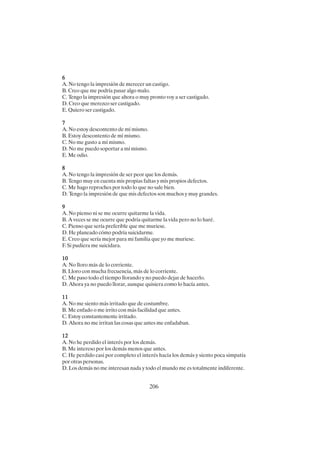 206
6
6
6
6
6
A. No tengo la impresión de merecer un castigo.
B. Creo que me podría pasar algo malo.
C. Tengo la impresión que ahora o muy pronto voy a ser castigado.
D. Creo que merezco ser castigado.
E. Quiero ser castigado.
7
7
7
7
7
A. No estoy descontento de mí mismo.
B. Estoy descontento de mí mismo.
C. No me gusto a mí mismo.
D. No me puedo soportar a mí mismo.
E. Me odio.
8
8
8
8
8
A. No tengo la impresión de ser peor que los demás.
B. Tengo muy en cuenta mis propias faltas y mis propios defectos.
C. Me hago reproches por todo lo que no sale bien.
D. Tengo la impresión de que mis defectos son muchos y muy grandes.
9
9
9
9
9
A. No pienso ni se me ocurre quitarme la vida.
B. A veces se me ocurre que podría quitarme la vida pero no lo haré.
C. Pienso que sería preferible que me muriese.
D. He planeado cómo podría suicidarme.
E. Creo que sería mejor para mi familia que yo me muriese.
F. Si pudiera me suicidara.
10
10
10
10
10
A. No lloro más de lo corriente.
B. Lloro con mucha frecuencia, más de lo corriente.
C. Me paso todo el tiempo llorando y no puedo dejar de hacerlo.
D. Ahora ya no puedo llorar, aunque quisiera como lo hacía antes.
11
11
11
11
11
A. No me siento más irritado que de costumbre.
B. Me enfado o me irrito con más facilidad que antes.
C. Estoy constantemente irritado.
D. Ahora no me irritan las cosas que antes me enfadaban.
12
12
12
12
12
A. No he perdido el interés por los demás.
B. Me intereso por los demás menos que antes.
C. He perdido casi por completo el interés hacia los demás y siento poca simpatía
por otras personas.
D. Los demás no me interesan nada y todo el mundo me es totalmente indiferente.
 