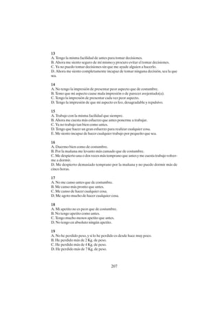 207
13
13
13
13
13
A. Tengo la misma facilidad de antes para tomar decisiones.
B. Ahora me siento seguro de mí mismo y procuro evitar el tomar decisiones.
C. Ya no puedo tomar decisiones sin que me ayude alguien a hacerlo.
D. Ahora me siento completamente incapaz de tomar ninguna decisión, sea la que
sea.
14
14
14
14
14
A. No tengo la impresión de presentar peor aspecto que de costumbre.
B. Temo que mi aspecto cause mala impresión o de parecer avejentado(a).
C. Tengo la impresión de presentar cada vez peor aspecto.
D. Tengo la impresión de que mi aspecto es feo, desagradable y repulsivo.
15
15
15
15
15
A. Trabajo con la misma facilidad que siempre.
B. Ahora me cuesta más esfuerzo que antes ponerme a trabajar.
C. Ya no trabajo tan bien como antes.
D. Tengo que hacer un gran esfuerzo para realizar cualquier cosa.
E. Me siento incapaz de hacer cualquier trabajo por pequeño que sea.
16
16
16
16
16
A. Duermo bien como de costumbre.
B. Por la mañana me levanto más cansado que de costumbre.
C. Me despierto una o dos veces más temprano que antes y me cuesta trabajo volver-
me a dormir.
D. Me despierto demasiado temprano por la mañana y no puedo dormir más de
cinco horas.
17
17
17
17
17
A. No me canso antes que de costumbre.
B. Me canso más pronto que antes.
C. Me canso de hacer cualquier cosa.
D. Me agoto mucho de hacer cualquier cosa.
18
18
18
18
18
A. Mi apetito no es peor que de costumbre.
B. No tengo apetito como antes.
C. Tengo mucho menos apetito que antes.
D. No tengo en absoluto ningún apetito.
19
19
19
19
19
A. No he perdido peso, y si lo he perdido es desde hace muy poco.
B. He perdido más de 2 Kg. de peso.
C. He perdido más de 4 Kg. de peso.
D. He perdido más de 7 Kg. de peso.
 