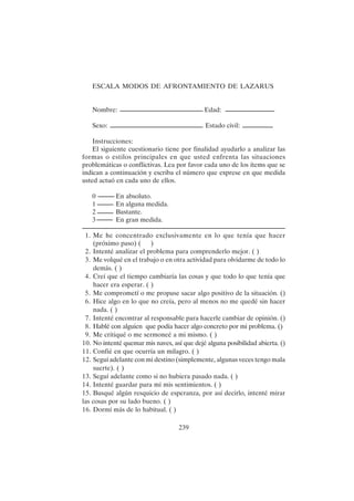 239
ESCALA MODOS DE AFRONTAMIENTO DE LAZARUS
Nombre: Edad:
Sexo: Estado civil:
Instrucciones:
El siguiente cuestionario tiene por finalidad ayudarlo a analizar las
formas o estilos principales en que usted enfrenta las situaciones
problemáticas o conflictivas. Lea por favor cada uno de los ítems que se
indican a continuación y escriba el número que exprese en que medida
usted actuó en cada uno de ellos.
0 En absoluto.
1 En alguna medida.
2 Bastante.
3 En gran medida.
1. Me he concentrado exclusivamente en lo que tenía que hacer
(próximo paso) ( )
2. Intenté analizar el problema para comprenderlo mejor. ( )
3. Me volqué en el trabajo o en otra actividad para olvidarme de todo lo
demás. ( )
4. Creí que el tiempo cambiaría las cosas y que todo lo que tenía que
hacer era esperar. ( )
5. Me comprometí o me propuse sacar algo positivo de la situación. ()
6. Hice algo en lo que no creía, pero al menos no me quedé sin hacer
nada. ( )
7. Intenté encontrar al responsable para hacerle cambiar de opinión. ()
8. Hablé con alguien que podía hacer algo concreto por mi problema. ()
9. Me critiqué o me sermoneé a mi mismo. ( )
10. No intenté quemar mis naves, así que dejé alguna posibilidad abierta. ()
11. Confié en que ocurría un milagro. ( )
12. Seguí adelante con mi destino (simplemente, algunas veces tengo mala
suerte). ( )
13. Seguí adelante como si no hubiera pasado nada. ( )
14. Intenté guardar para mí mis sentimientos. ( )
15. Busqué algún resquicio de esperanza, por así decirlo, intenté mirar
las cosas por su lado bueno. ( )
16. Dormí más de lo habitual. ( )
 