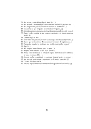 241
50. Me negué a creer lo que había ocurrido. ( )
51. Me prometí a mí mismo que las cosas serían distintas la próxima vez. ( )
52. Me propuse un par se soluciones distintas al problema. ( )
53. Lo acepté ya que no podía hacer nada al respecto. ( )
54. Intenté que mis sentimientos no interfieran demasiado con mis cosas. ()
55. Deseé poder cambiar lo que estaba ocurriendo o la forma como me
sentía. ()
56. Cambié algo en mí. ( )
57. Soñé o me imaginé otro tiempo y otro lugar mejor que el presente. ()
58. Deseé que la situación se desvaneciera o terminara de algún modo. ()
59. Fantasié e imaginé el modo en que podría cambiar las cosas. ( )
60. Recé. ( )
61. Me preparé mentalmente para lo peor. ( )
62. Repasé mentalmente lo que haría o diría. ( )
63. Pensé como dominaría la situación alguna persona a quien admiro y
la tomé como modelo. ( )
64. Intenté ver las cosas desde el punto de vista de la otra persona. ( )
65. Me recordé a mí mismo cuánto peor podrían ser las cosas. ( )
66. Corrí o hice ejercicio. ( )
67. Intenté algo distinto de todo lo anterior (por favor descríbalo) ( )
 