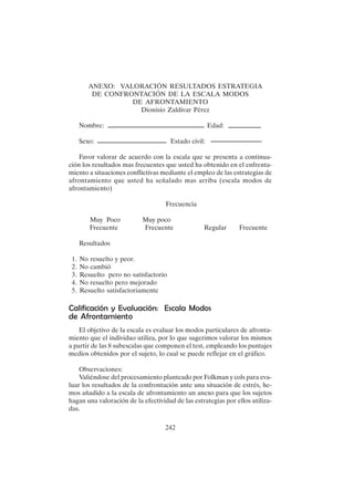 242
ANEXO: VALORACIÓN RESULTADOS ESTRATEGIA
DE CONFRONTACIÓN DE LA ESCALA MODOS
DE AFRONTAMIENTO
Dionisio Zaldivar Pérez
Nombre: Edad:
Sexo: Estado civil:
Favor valorar de acuerdo con la escala que se presenta a continua-
ción los resultados mas frecuentes que usted ha obtenido en el enfrenta-
miento a situaciones conflictivas mediante el empleo de las estrategias de
afrontamiento que usted ha señalado mas arriba (escala modos de
afrontamiento)
Frecuencia
Muy Poco Muy poco
Frecuente Frecuente Regular Frecuente
Resultados
1. No resuelto y peor.
2. No cambió
3. Resuelto pero no satisfactorio
4. No resuelto pero mejorado
5. Resuelto satisfactoriamente
Calificación y Evaluación: Escala Modos
de Afrontamiento
El objetivo de la escala es evaluar los modos particulares de afronta-
miento que el individuo utiliza, por lo que sugerimos valorar los mismos
a partir de las 8 subescalas que componen el test, empleando los puntajes
medios obtenidos por el sujeto, lo cual se puede reflejar en el gráfico.
Observaciones:
Valiéndose del procesamiento planteado por Folkman y cols para eva-
luar los resultados de la confrontación ante una situación de estrés, he-
mos añadido a la escala de afrontamiento un anexo para que los sujetos
hagan una valoración de la efectividad de las estrategias por ellos utiliza-
das.
 