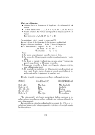 252
Clave de calificación:
Clave de calificación:
Clave de calificación:
Clave de calificación:
Clave de calificación:
• 14 items directos. Se evalúan de izquierda a derecha desde 0 a 4
puntos
• Los ítem directos son: 1, 2, 3, 5, 6, 8, 10, 11, 13, 14, 15, 16, 20 y 22
• 8 items inversos. Se evalúan de izquierda a derecha desde 4 a 0
puntos
Los ítems son 4, 7, 9, 12, 17, 18, 19 y 21
Se considerará estrés cuando es mayor del 50
Para el cálculo de la distorsión de los items o confiabilidad
El procedimiento involucra 13 de los 22 ítem de la prueba
En la dimensión CE, los pares 3 - 12, 2 - 8, 6 - 16
D, los pares 5 - 15, 10 - 11
RP, los pares 1 - 19, 1 - 13
Pasos:
1. Se restan los puntajes en todos los pares de ítem.
2. Se suman las diferencias encontradas en cada dimensión y todas
ellas.
3. Se divide el puntaje resultante de esa suma entre 7 (número de
pares) para obtener la diferencia promedio.
4. Luego, ese promedio se divide entre 4 (puntos máximos posibles
que califican cada ítem).
5. El resultado se multiplica por 10 para expresar el resultado en
una escala de diez puntos, lo que se tomará como índice de in-
coherencia en las respuestas a la prueba o test.
El valor obtenido con estos pasos se busca en la siguiente tabla
ÍNDICE CALIFICACIÓN CONFIABILIDAD
De 0 a 2.0 Muy Baja Más Confiable
De 2.1 a 4.0 Baja Confiable
*De 4.1 a 6.0 Media Dudosa
De 6.1 a 8.0 Alta Poco Confiable
De 8.1 a 10 Muy Alta No confiable
*En este caso (4.1 a 6.0), con respuesta de dudoso valor por su in-
coherencia recomendamos análisis cualitativo de los ítem utilizando la
entrevista personal.
Para considerar estrés laboral debe obtenerse más del 50% en el re-
sultado de la prueba del máximo de puntos posibles y así con cada una de
las dimensiones.
 