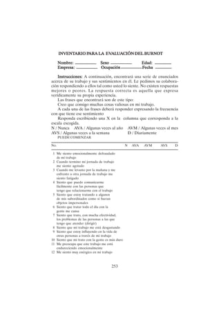 253
INVENT
INVENT
INVENT
INVENT
INVENTARIO P
ARIO P
ARIO P
ARIO P
ARIO PAR
AR
AR
AR
ARA LA EV
A LA EV
A LA EV
A LA EV
A LA EVAL
AL
AL
AL
ALU
U
U
U
UA
A
A
A
ACIÓN DEL BURNOT
CIÓN DEL BURNOT
CIÓN DEL BURNOT
CIÓN DEL BURNOT
CIÓN DEL BURNOT
Nombre: Sexo Edad:
Nombre: Sexo Edad:
Nombre: Sexo Edad:
Nombre: Sexo Edad:
Nombre: Sexo Edad:
Empresa: Ocupación F
Empresa: Ocupación F
Empresa: Ocupación F
Empresa: Ocupación F
Empresa: Ocupación Fecha
echa
echa
echa
echa
Instrucciones:
Instrucciones:
Instrucciones:
Instrucciones:
Instrucciones: A continuación, encontrará una serie de enunciados
acerca de su trabajo y sus sentimientos en él. Le pedimos su colabora-
ción respondiendo a ellos tal como usted lo siente. No existen respuestas
mejores o peores. La respuesta correcta es aquella que expresa
verídicamente su propia experiencia.
Las frases que encontrará son de este tipo:
Creo que consigo muchas cosas valiosas en mi trabajo.
A cada una de las frases deberá responder expresando la frecuencia
con que tiene ese sentimiento
Responda escribiendo una X en la columna que corresponda a la
escala escogida.
N / Nunca AVA / Algunas veces al año AVM / Algunas veces al mes
AVS / Algunas veces a la semana D / Diariamente
PUEDE COMENZAR
No. N AVA AVM AVS D
1 Me siento emocionalmente defraudado
de mi trabajo
2 Cuando termino mi jornada de trabajo
me siento agotado
3 Cuando me levanto por la mañana y me
enfrento a otra jornada de trabajo me
siento fatigado
4 Siento que puedo comunicarme
fácilmente con las personas que
tengo que relacionarme con el trabajo
5 Siento que estoy tratando a algunos
de mis subordinados como si fueran
objetos impersonales
6 Siento que tratar todo el día con la
gente me cansa
7 Siento que trato, con mucha efectividad,
los problemas de las personas a las que
tengo que atender (dirigir)
8 Siento que mi trabajo me está desgastando
9 Siento que estoy influyendo en la vida de
otras personas a través de mi trabajo
10 Siento que mi trato con la gente es más duro
11 Me preocupa que este trabajo me está
endureciendo emocionalmente
12 Me siento muy enérgico en mi trabajo
 