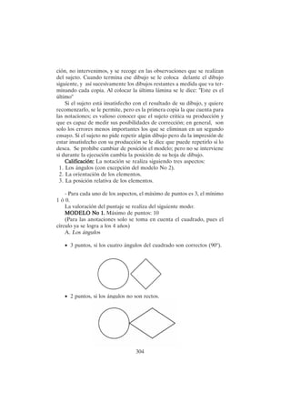304
ción, no intervenimos, y se recoge en las observaciones que se realizan
del sujeto. Cuando termina ese dibujo se le coloca delante el dibujo
siguiente, y así sucesivamente los dibujos restantes a medida que va ter-
minando cada copia. Al colocar la última lámina se le dice: "Este es el
último"
Si el sujeto está insatisfecho con el resultado de su dibujo, y quiere
recomenzarlo, se le permite, pero es la primera copia la que cuenta para
las notaciones; es valioso conocer que el sujeto critica su producción y
que es capaz de medir sus posibilidades de corrección; en general, son
solo los errores menos importantes los que se eliminan en un segundo
ensayo. Si el sujeto no pide repetir algún dibujo pero da la impresión de
estar insatisfecho con su producción se le dice que puede repetirlo si lo
desea. Se prohíbe cambiar de posición el modelo; pero no se interviene
si durante la ejecución cambia la posición de su hoja de dibujo.
Calificación:
Calificación:
Calificación:
Calificación:
Calificación: La notación se realiza siguiendo tres aspectos:
1. Los ángulos (con excepción del modelo No 2).
2. La orientación de los elementos.
3. La posición relativa de los elementos.
- Para cada uno de los aspectos, el máximo de puntos es 3, el mínimo
1 ó 0.
La valoración del puntaje se realiza del siguiente modo:
MODELO No 1.
MODELO No 1.
MODELO No 1.
MODELO No 1.
MODELO No 1. Máximo de puntos: 10
(Para las anotaciones solo se toma en cuenta el cuadrado, pues el
círculo ya se logra a los 4 años)
A. Los ángulos
• 3 puntos, si los cuatro ángulos del cuadrado son correctos (90°).
• 2 puntos, si los ángulos no son rectos.
 