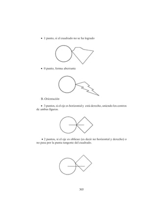 305
• 1 punto, si el cuadrado no se ha logrado
• 0 punto, forma aberrante
B. Orientación
• 3 puntos, si el eje es horizontal y está derecho, uniendo los centros
de ambas figuras.
• 2 puntos, si el eje es oblicuo (es decir no horizontal y derecho) o
no pasa por la punta tangente del cuadrado.
 