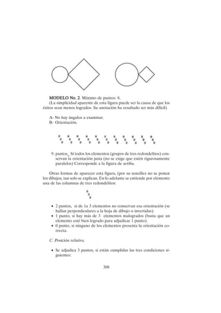 308
MODELO No. 2
MODELO No. 2
MODELO No. 2
MODELO No. 2
MODELO No. 2. Máximo de puntos: 8.
(La simplicidad aparente de esta figura puede ser la causa de que los
éxitos sean menos logrados. Su anotación ha resultado ser más difícil)
A- No hay ángulos a examinar.
B- Orientación.
9. puntos_ Si todos los elementos (grupos de tres redondelitos) con-
servan la orientación justa (no se exige que estén rigurosamente
paralelos) Corresponde a la figura de arriba.
Otras formas de aparecer esta figura, (por su sencillez no se ponen
los dibujos, tan solo se explican. En lo adelante se entiende por elemento
una de las columnas de tres redondelitos:
• 2 puntos, si de 1a 3 elementos no conservan esa orientación (se
hallan perpendiculares a la hoja de dibujo o invertidas).
• 1 punto, si hay más de 3 elementos malogrados (basta que un
elemento esté bien logrado para adjudicar 1 punto).
• 0 punto, si ninguno de los elementos presenta la orientación co-
rrecta.
C. Posición relativa.
• Se adjudica 3 puntos, si están cumplidas las tres condiciones si-
guientes:
 