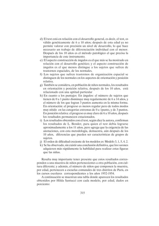 315
d) El test está en relación con el desarrollo general, es decir, el test, es
válido genéticamente de 6 a 10 años; después de esta edad ya no
permite valorar con precisión un nivel de desarrollo, lo que hace
necesario un trabajo de diferenciación individual con el menor.
Después de los 10 años es el método patológico el que precisa la
importancia de este instrumento.
e) El aspecto construcción de ángulos es el que más se ha mostrado en
relación con el desarrollo genético; y el aspecto construcción de
ángulos es el que menos distingue a los sujetos que sufren de
trastornos espaciales, de los normales.
f) Los sujetos que sufren trastornos de organización espacial se
distinguen de los normales en los aspectos de orientación y posición
relativa.
g) También se considera, en población de niños normales, los resultados
en orientación y posición relativa, después de los 10 años, está
relacionado con una aptitud particular
h) En cuanto a los puntajes: En ángulos: el número de sujetos que
tienen de 0 a 1 punto disminuye muy regularmente de 6 a 14 años, y
el número de los que logran 3 puntos aumenta en la misma forma.
En orientación: el progreso es menos regular pero de todos modos
muy nítido en las categorías extremas de 0 a 1punto, y de 3 puntos.
En posición relativa: el progreso es muy claro de 6 a 10 años, después
los resultados permanecen estacionados.
i) Los resultados obtenidos con el test, según dice la autora, confirman
los resultados de L. Bender, para quien el test debía lograrse
aproximadamente a los 11 años, pero agrega que la exigencia de las
anotaciones, con esta metodología, demuestra, aún después de los
10 años, diferencias que pueden ser características de grupos de
sujetos.
j) El orden de dificultad creciente de los modelos es: Modelo 3, 1, 5, 4, 2.
k) Se ha observado, sin existir una conclusión definitiva, que los varones
adquieren más rápidamente la habilidad para realizar estas figuras
que las niñas.
Resulta muy importante tener presente que estos resultados corres-
ponden a una muestra de niños pertenecientes a otra población, con cul-
tura diferente; y además, el número de niños que componen la muestra,
por edad, pertenecen a escuelas comunales de tres distritos de París, en
los cursos escolares correspondientes a los años 1952-1954.
A continuación se muestran una tabla donde aparecen los resultados
obtenidos por Hilda Santucci con cada modelo, por edad, dados en
porciento:
 