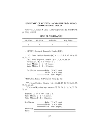 339
INVENT
INVENT
INVENT
INVENT
INVENTARIO DE A
ARIO DE A
ARIO DE A
ARIO DE A
ARIO DE AUTOEV
UTOEV
UTOEV
UTOEV
UTOEVAL
AL
AL
AL
ALU
U
U
U
UA
A
A
A
ACIÓN DEPRESIÓN R
CIÓN DEPRESIÓN R
CIÓN DEPRESIÓN R
CIÓN DEPRESIÓN R
CIÓN DEPRESIÓN RA
A
A
A
ASGO /
SGO /
SGO /
SGO /
SGO /
EST
EST
EST
EST
ESTADO INF
ADO INF
ADO INF
ADO INF
ADO INFANTIL IDEREN
ANTIL IDEREN
ANTIL IDEREN
ANTIL IDEREN
ANTIL IDEREN
Autores: A. Lorenzo, J. Grau, M. Martín (Variante del Test IDERE
de Grau, Martín)
HOJ
HOJ
HOJ
HOJ
HOJA DE CALIFICA
A DE CALIFICA
A DE CALIFICA
A DE CALIFICA
A DE CALIFICACIÓN
CIÓN
CIÓN
CIÓN
CIÓN
No existe Un poco Suficiente Muy fuerte
1 2 3 4
• I PARTE. Escala de Depresión Estado (D-E):
"A" - Ítems Positivos Directos (+) = 1, 3, 5, 8, 9, 12, 13 14, 15,
16, 17, 20.
"B" - Ítems Negativos Inversos (-) = 2, 4, 6, 11, 18, 19.
Fórmula: (A - B) + 35= Valor D-E
Valor Mínimo D - E = 20 puntos.
Valor Máximo D - E = 80 puntos.
Por Niveles: Bajo (20 a 35 ptos).
Medio (36 a 50 ptos).
Alto (51 a 80 ptos).
• II PARTE. Escala de Depresión Rasgo (D-R):
"A" - Ítems Positivos Directos (+) = 21, 22, 23, 24, 27, 28, 30. 33,
37. 38. 40. 42.
"B" - Ítems Negativos Inversos (-) = 25, 26, 29, 31, 32, 34, 35, 36,
39, 41.
Fórmula: (A - B) + 50= Valor D-R
Valor Mínimo D - E = 22 puntos.
Valor Máximo D - E = 88 puntos.
Por Niveles: Bajo (22 a 37 ptos).
Medio (38 a 54 ptos).
Alto (55 a 88 ptos).
Evaluador
Fecha
 