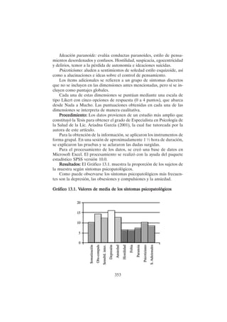 353
Ideación paranoide: evalúa conductas paranoides, estilo de pensa-
mientos desordenados y confusos. Hostilidad, suspicacia, egocentricidad
y delirios, temor a la pérdida de autonomía e ideaciones suicidas.
Psicoticismo: aluden a sentimientos de soledad estilo esquizoide, así
como a alucinaciones e ideas sobre el control de pensamiento.
Los ítems adicionales se refieren a un grupo de síntomas discretos
que no se incluyen en las dimensiones antes mencionadas, pero sí se in-
cluyen como puntajes globales.
Cada una de estas dimensiones se puntúan mediante una escala de
tipo Likert con cinco opciones de respuesta (0 a 4 puntos), que abarca
desde Nada a Mucho. Las puntuaciones obtenidas en cada una de las
dimensiones se interpreta de manera cualitativa.
Procedimiento:
Procedimiento:
Procedimiento:
Procedimiento:
Procedimiento: Los datos provienen de un estudio más amplio que
constituyó la Tesis para obtener el grado de Especialista en Psicología de
la Salud de la Lic. Ariadna García (2001), la cual fue tutoreada por la
autora de este artículo.
Para la obtención de la información, se aplicaron los instrumentos de
forma grupal. En una sesión de aproximadamente 1 ½ hora de duración,
se explicaron las pruebas y se aclararon las dudas surgidas.
Para el procesamiento de los datos, se creó una base de datos en
Microsoft Excel. El procesamiento se realizó con la ayuda del paquete
estadístico SPSS versión 10.0.
Resultados:
Resultados:
Resultados:
Resultados:
Resultados: El Gráfico 13.1. muestra la proporción de los sujetos de
la muestra según síntomas psicopatológicos.
Como puede observarse los síntomas psicopatológicos más frecuen-
tes son la depresión, las obsesiones y compulsiones y la ansiedad.
Gráfico 13.1. V
Gráfico 13.1. V
Gráfico 13.1. V
Gráfico 13.1. V
Gráfico 13.1. Valores de media de los síntomas psicopatológicos
alores de media de los síntomas psicopatológicos
alores de media de los síntomas psicopatológicos
alores de media de los síntomas psicopatológicos
alores de media de los síntomas psicopatológicos
 