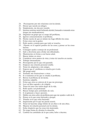 366
24. Preocuparme por mis relaciones con los demás.
25. Desear que suceda un milagro.
26. Simplemente, me doy por vencido.
27. Intentar sentirme mejor bebiendo alcohol, fumando o tomando otras
drogas (no medicamentos).
28. Organizar un grupo que se ocupe del problema.
29. Ignorar conscientemente el problema.
30. Darme cuenta de que yo mismo me hago difíciles las cosas.
31. Evitar estar con la gentes
32. Pedir ayuda y consejo para que todo se resuelva.
33. Fijarme en el aspecto positivo de las cosas y pensar en las cosas
buenas.
34. Conseguir ayuda o consejo de un profesional.
35. Salir y divertirme para olvidar mis dificultades.
36. Mantenerme en forma y con buena salud.
37. Buscar ánimo en otros.
38. Considerar otros puntos de vista y tratar de tenerlos en cuenta.
39. Trabajar intensamente.
40. Preocuparme por lo que está pasando.
41. Empezar una relación personal estable.
42. Tratar de adaptarme a mis amigos.
43. Esperar que el problema se resuelva por sí solo.
44. Me pongo malo.
45. Trasladar mis frustraciones a otros.
46. Ir a reuniones en las que se estudia el problema.
47. Borrar el problema de mi mente.
48. Sentirme culpable.
49. Evitar que otros se enteren de lo que me preocupa.
50. Leer un libro sagrado o de religión.
51. Tratar de tener una visión alegre de la vida.
52. Pedir ayuda a un profesional
53. Buscar tiempo para actividades de ocio.
54. Ir al gimnasio a hacer ejercicio.
55. Hablar con otros sobre mi problema para que me ayuden a salir de él.
56. Pensar en lo que estoy haciendo y porqué.
57. Triunfar en lo que estoy haciendo.
58. Inquietarme por lo que me pueda ocurrir.
59. Tratar de hacerme amigo íntimo de un chico o de una chica.
60. Mejorar mi relación personal con los demás.
61. Soñar despierto que las cosas irás mejorando.
62. No tengo forma de afrontar la situación.
63. Cambiar las cantidades de lo que como, bebo o duermo.
 