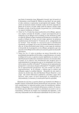 372
que hasta el momento viene dibujando el menor, por tal motivo se
le denomina a este Estadio D, "Relato en una línea"; de este modo,
el niño comienza a representar su percepción del espacio. Puede
existir un momento donde el infante realice de forma separada los
planos de la tierra y el cielo; abajo están los objetos, encima están
las nubes, el cielo, el sol, los aviones, las gaviotas, etc., y en el medio,
un espacio totalmente en blanco.
• Entre los 9 y 10 años hay mayor perfección en los dibujos, aparece
una amplia variedad de detalles, y mayor preocupación por la
semejanza de sus dibujos con la realidad; en este momento el niño
es capaz de dibujar la figura humana perfectamente reconocible; en
cuanto al dibujo de la casa, en esta etapa aparecen las primeras
manifestaciones del Estadio E, "Comienzo de la yuxtaposición de
las formas". Este Estadio se caracteriza por la distribución
escalonada, en el papel, de la casa y los demás elementos externos a
ella, sin la línea horizontal como sostén, es una etapa de comienzo
al desarrollo de la perspectiva en los dibujos; perspectiva que esta
ausente en los dibujos de los niños con un menor grado de desarrollo
psicomotor.
• Entre los 10 y 11 años se produce un mayor desarrollo en las
posibilidades psicográficas de los niños, y específicamente, en cuanto
al dibujo de la casa, se aprecia un paso significativo en cuanto a la
distribución de los diferentes elementos externos a la vivienda sobre
el papel, ya se observa una distribución más propicia para la
representación de la perspectiva que se irá alcanzando con el paso
de los meses al arribar al Estadio F "Comienzo de la representación
perspectiva" y unos meses después al Estadio F+ "Completo estadio
de la representación perspectiva" En este estadio las ideas y
representaciones de la vivienda y objetos que la rodean son
reflejadas según la realidad objetiva. Alrededor de esta edad se
alcanza los niveles más altos del Realismo Visual. Posterior a esta
etapa solo existen diferencias cualitativas, entrando a jugar otros
factores, tales como: el nivel intelectual, la estimulación, el
entrenamiento, la fantasía y la motivación hacia la actividad.
Partiendo de esta base, se puede afirmar que mediante los dibujos es
factible conocer el desarrollo mental alcanzado por una persona, por lo
cual consideramos la expresión gráfica como un instrumento auxiliar,
útil para el diagnóstico y la evaluación del proceso evolutivo. Es necesa-
rio señalar que los diferentes estadios se entrelazan en cuanto a sus ca-
racterísticas, al final de un estadio con el principio del siguiente, y esto
está muy relacionado con las diferencias individuales de un niño a otro.
 
