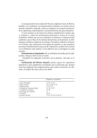 376
La interpretación más común del Test de completar frases de Rotter,
infantil, es la cualitativa. La interpretación cualitativa no cuenta con un
método específico, depende, como en cualquier otra prueba proyectiva,
de la experiencia, entrenamiento y orientación teórica de quien interpreta.
A estas técnicas se les hacen los mismos señalamientos críticos que
se realizan a todos los instrumentos proyectivos acerca de lo poco
confiable y válidos que son sus resultados; no obstante, la interpretación
cualitativa que se hace de las mismas demuestran, en la práctica, su utili-
dad para establecer hipótesis de trabajo. El análisis cualitativo encierra,
en sí mismo, una ventaja para este grupo de pruebas, ya que permiten,
con mayor facilidad (previo proceso de validación), el ajuste de sus ítems
a la realidad de cada cultura y a los objetivos que se persiguen en cada
ocasión.
Orientaciones al examinador:
Orientaciones al examinador:
Orientaciones al examinador:
Orientaciones al examinador:
Orientaciones al examinador: En un ambiente favorable para la apli-
cación, entrega al niño el test y le dice:
"Completa las siguientes oraciones con la primera idea que se te
ocurra".
Calificación del Rotter infantil:
Calificación del Rotter infantil:
Calificación del Rotter infantil:
Calificación del Rotter infantil:
Calificación del Rotter infantil: puede seguir los siguientes
parámetros, pero igualmente recordamos que la dirección que alcanza
cada ítem depende del completamiento que realice la persona; no obs-
tante, el análisis de estas esferas son útiles:
Preguntas a considerar
1. Área del hogar. 3, 5, 8, 11, 18
2. Área escolar 12, 13, 14, 15, 16
3. Motivaciones 1, 6, 17, 23
4. Relaciones interpersonales 11, 14, 15, 17
5. Conflictos y fracasos 13, 24
6. Concepto de sí mismo 9
7. Yo ideal 22, 25
8. Estado interior 2, 4, 7, 10, 16, 19, 20, 21
 