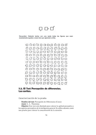 70
capítulo, y dejamos para la parte dedicada a niños la valoración del drrollo
7.2. El Test Percepción de diferencias.
Las caritas.
Caracterización de la prueba
Nombre del test:
Nombre del test:
Nombre del test:
Nombre del test:
Nombre del test: Percepción de Diferencias (Caras)
Autor:
Autor:
Autor:
Autor:
Autor: L. L. Thurstone.
Objetivo:
Objetivo:
Objetivo:
Objetivo:
Objetivo: Este test está diseñado para valorar la aptitud perceptiva y
los aspectos perceptivos de la inteligencia general. Se utiliza además, como
una prueba para valorar la concentración de la atención.
 