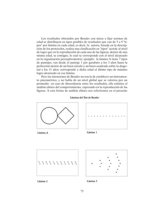 75
Lámina A
Lámina A
Lámina A
Lámina A
Lámina A Lámina 1
Lámina 1
Lámina 1
Lámina 1
Lámina 1
Lámina 2
Lámina 2
Lámina 2
Lámina 2
Lámina 2 Lámina 3
Lámina 3
Lámina 3
Lámina 3
Lámina 3
Los resultados obtenidos por Bender con miras a fijar normas de
edad se distribuyen en tipos posibles de resultados que van de 5 a 9 "ti-
pos" por lámina en cada edad, es decir, la autora, basada en la descrip-
ción de los protocolos, realiza una clasificación en "tipos" acorde al nivel
de logro que en la reproducción de cada una de las figuras, dentro de una
misma edad, se consigue, lo cual se corresponde con el nivel alcanzado
en la organización perceptivomotriz; ejemplo: la lámina A tiene 7 tipos
de puntajes, van desde el puntaje 1 por garabato a los 3 años hasta la
perfección motriz de un buen círculo y un buen cuadrado sobre la diago-
nal a los 11 años, corresponde a dicha edad el último tipo de máximo
logro alcanzado en esa lámina.
Pero las intenciones de Bender no son la de establecer un instrumen-
to psicométrico, y no habla de un nivel global que se valoriza por un
promedio en caso de discordancia entre los resultados, ella enfatiza el
análisis clínico del comportamiento, expresado en la reproducción de las
figuras. A esta forma de análisis clínico nos referiremos en el presente
Láminas del T
Láminas del T
Láminas del T
Láminas del T
Láminas del Test de Bender
est de Bender
est de Bender
est de Bender
est de Bender
 