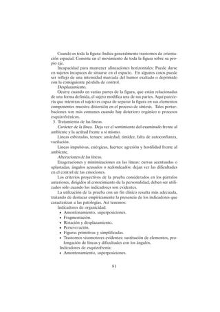 81
Cuando es toda la figura: Indica generalmente trastornos de orienta-
ción espacial. Consiste en el movimiento de toda la figura sobre su pro-
pio eje.
Incapacidad para mantener alineaciones horizontales: Puede darse
en sujetos incapaces de situarse en el espacio. En algunos casos puede
ser reflejo de una intensidad marcada del humor exaltado o deprimido
con la consiguiente pérdida de control.
Desplazamiento.
Ocurre cuando en varias partes de la figura, que están relacionadas
de una forma definida, el sujeto modifica una de sus partes. Aquí parece-
ría que mientras el sujeto es capaz de separar la figura en sus elementos
componentes muestra distorsión en el proceso de síntesis. Tales pertur-
baciones son más comunes cuando hay deterioro orgánico o procesos
esquizofrénicos.
3. Tratamiento de las líneas.
Carácter de la línea. Deja ver el sentimiento del examinado frente al
ambiente y la actitud frente a sí mismo.
Líneas esbozadas, tenues: ansiedad, timidez, falta de autoconfianza,
vacilación.
Líneas impulsivas, enérgicas, fuertes: agresión y hostilidad frente al
ambiente.
Alteraciones de las líneas.
Exageraciones y minimizaciones en las líneas: curvas acentuadas o
aplastadas, ángulos acusados o redondeados: dejan ver las dificultades
en el control de las emociones.
Los criterios proyectivos de la prueba considerados en los párrafos
anteriores, dirigidos al conocimiento de la personalidad, deben ser utili-
zados sólo cuando los indicadores son evidentes.
La utilización de la prueba con un fin clínico resulta más adecuada,
tratando de destacar empíricamente la presencia de los indicadores que
caracterizan a las patologías. Así tenemos:
Indicadores de organicidad.
• Amontonamiento, superposiciones.
• Fragmentación.
• Rotación y desplazamiento.
• Perseveración.
• Figuras primitivas y simplificadas.
• Trastornos visomotores evidentes: sustitución de elementos, pro-
longación de líneas y dificultades con los ángulos.
Indicadores de esquizofrenia:
• Amontonamiento, superposiciones.
 