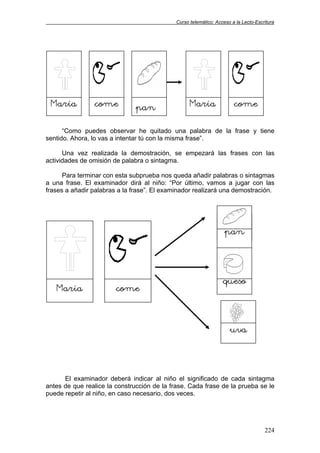 Curso telemático: Acceso a la Lecto-Escritura
224
“Como puedes observar he quitado una palabra de la frase y tiene
sentido. Ahora, lo vas a intentar tú con la misma frase”.
Una vez realizada la demostración, se empezará las frases con las
actividades de omisión de palabra o sintagma.
Para terminar con esta subprueba nos queda añadir palabras o sintagmas
a una frase. El examinador dirá al niño: “Por último, vamos a jugar con las
frases a añadir palabras a la frase”. El examinador realizará una demostración.
El examinador deberá indicar al niño el significado de cada sintagma
antes de que realice la construcción de la frase. Cada frase de la prueba se le
puede repetir al niño, en caso necesario, dos veces.
pan
María come pan María come
María come
queso
uva
 