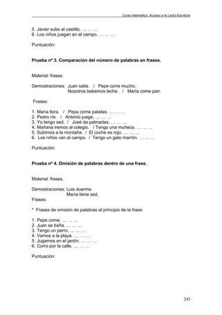 Curso telemático: Acceso a la Lecto-Escritura
245
5. Javier sube al castillo. … … …
6. Los niños juegan en el campo. … … …
Puntuación:
Prueba nº 3. Comparación del número de palabras en frases.
Material: frases.
Demostraciones: Juan salta. / Pepe corre mucho.
Nosotros bebemos leche. / María come pan.
Frases:
1. María llora. / Pepa come patatas. … … …
2. Pedro ríe. / Antonio juega. … … …
3. Yo tengo sed. / José da palmadas. … … …
4. Mañana iremos al colegio. / Tengo una muñeca. … … …
5. Subimos a la montaña. / El coche es rojo. … … …
6. Los niños van al campo. / Tengo un gato marrón. … … …
Puntuación:
Prueba nº 4. Omisión de palabras dentro de una frase.
Material: frases.
Demostraciones: Luis duerme.
María tiene sed.
Frases:
* Frases de omisión de palabras al principio de la frase.
1. Pepe come. … … …
2. Juan se baña. … … …
3. Tengo un perro. … … …
4. Vamos a la playa. … … …
5. Jugamos en el jardín. … … …
6. Corro por la calle. … … …
Puntuación:
 