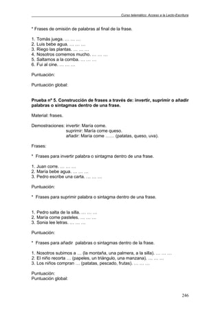 Curso telemático: Acceso a la Lecto-Escritura
246
* Frases de omisión de palabras al final de la frase.
1. Tomás juega. … … …
2. Luis bebe agua. … … …
3. Riego las plantas. … … …
4. Nosotros comemos mucho. … … …
5. Saltamos a la comba. … … …
6. Fui al cine. … … …
Puntuación:
Puntuación global:
Prueba nº 5. Construcción de frases a través de: invertir, suprimir o añadir
palabras o sintagmas dentro de una frase.
Material: frases.
Demostraciones: invertir: María come.
suprimir: María come queso.
añadir: María come …… (patatas, queso, uva).
Frases:
* Frases para invertir palabra o sintagma dentro de una frase.
1. Juan corre. … … …
2. María bebe agua. … … …
3. Pedro escribe una carta. … … …
Puntuación:
* Frases para suprimir palabra o sintagma dentro de una frase.
1. Pedro salta de la silla. … … …
2. María come pasteles. … … …
3. Sonia lee letras. … … …
Puntuación:
* Frases para añadir palabras o sintagmas dentro de la frase.
1. Nosotros subimos a … (la montaña, una palmera, a la silla). … … …
2. El niño recorta … (papeles, un triángulo, una manzana). … … …
3. Los niños compran … (patatas, pescado, frutas). … … …
Puntuación:
Puntuación global:
 
