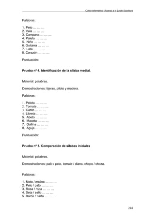 Curso telemático: Acceso a la Lecto-Escritura
248
Palabras:
1. Peto … … …
2. Vela … … …
3. Campana … … …
4. Paleta … … …
5. Niño … … …
6. Guitarra … … …
7. Lata … … …
8. Corazón … … …
Puntuación:
Prueba nº 4. Identificación de la sílaba medial.
Material: palabras.
Demostraciones: tijeras, piloto y madera.
Palabras:
1. Pelota … … …
2. Tomate … … …
3. Gatito … … …
4. Libreta … … …
5. Abeto … … …
6. Maceta … … …
7. Gallina … … …
8. Aguja … … …
Puntuación:
Prueba nº 5. Comparación de sílabas iniciales
Material: palabras.
Demostraciones: palo / pato, tomate / diana, chopo / choza.
Palabras:
1. Moto / molino … … …
2. Pelo / palo … … …
3. Rosa / ropa … … …
4. Seta / sello … … …
5. Barco / tarta … … …
 