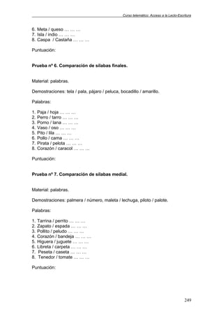 Curso telemático: Acceso a la Lecto-Escritura
249
6. Meta / queso … … …
7. Isla / indio … … …
8. Caspa / Castaña … … …
Puntuación:
Prueba nº 6. Comparación de sílabas finales.
Material: palabras.
Demostraciones: tela / pala, pájaro / peluca, bocadillo / amarillo.
Palabras:
1. Paja / hoja … … …
2. Perro / tarro … … …
3. Pomo / lana … … …
4. Vaso / oso … … …
5. Pito / lila … … …
6. Pollo / cama … … …
7. Pirata / pelota … … …
8. Corazón / caracol … … …
Puntuación:
Prueba nº 7. Comparación de sílabas medial.
Material: palabras.
Demostraciones: palmera / número, maleta / lechuga, piloto / palote.
Palabras:
1. Tarrina / perrito … … …
2. Zapato / espada … … …
3. Pollito / peludo … … …
4. Corazón / bandeja … … …
5. Higuera / juguete … … …
6. Libreta / carpeta … … …
7. Peseta / caseta … … …
8. Tenedor / tomate … … …
Puntuación:
 