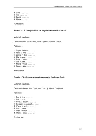 Curso telemático: Acceso a la Lecto-Escritura
253
3. Cara … … …
4. Pito … … …
5. Cama … … …
6. Mesa … … …
Puntuación:
Prueba n º 5. Comparación de segmento fonémico inicial.
Material: palabras.
Demostración: boca / bata, llave / perro, y chino/ chepa.
Palabras :
1. Capa / cuna … … …
2. Foca / fino … … …
3. Loma / tela … … …
4. Mar / pan … … …
5. Rata / rosa … … …
6. Día / jota … … …
7. Mano / mula … … …
8. Sapo / gato … … …
Puntuación:
Prueba nº 6. Comparación de segmento fonémico final.
Material: palabras.
Demostraciones: voz / pez, asa / pito, y tijeras / mujeres.
Palabras:
1. Tos / dos … … …
2. Sal / col … … …
3. Reloj / buzón … … …
4. Corazón / caracol … … …
5. Papel / sol … … …
6. Luz / saltar … … …
7. Pan / melón … … …
8. Maíz / pajar … … …
Puntuación:
 
