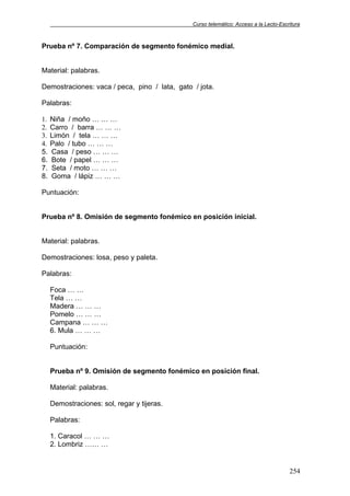 Curso telemático: Acceso a la Lecto-Escritura
254
Prueba nº 7. Comparación de segmento fonémico medial.
Material: palabras.
Demostraciones: vaca / peca, pino / lata, gato / jota.
Palabras:
1. Niña / moño … … …
2. Carro / barra … … …
3. Limón / tela … … …
4. Palo / tubo … … …
5. Casa / peso … … …
6. Bote / papel … … …
7. Seta / moto … … …
8. Goma / lápiz … … …
Puntuación:
Prueba nº 8. Omisión de segmento fonémico en posición inicial.
Material: palabras.
Demostraciones: losa, peso y paleta.
Palabras:
Foca … …
Tela … …
Madera … … …
Pomelo … … …
Campana … … …
6. Mula … … …
Puntuación:
Prueba nº 9. Omisión de segmento fonémico en posición final.
Material: palabras.
Demostraciones: sol, regar y tijeras.
Palabras:
1. Caracol … … …
2. Lombriz …… …
 